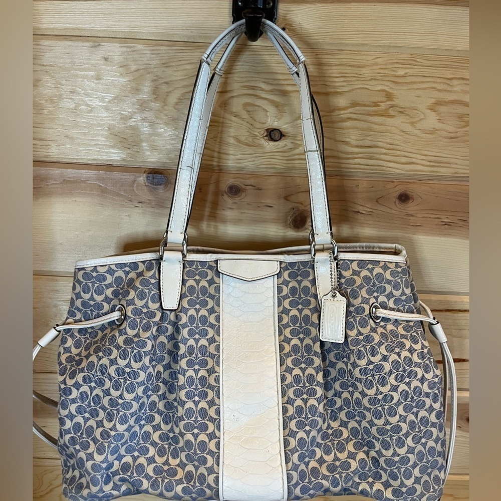 Coach Signature Canvas Tote Shoulder Bag Cream and Blue large